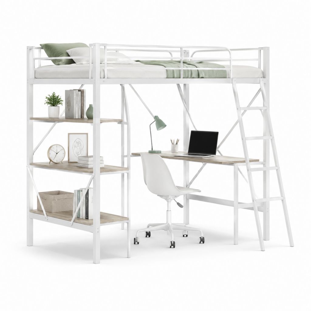 Letto a soppalco singolo bianco in acciaio con scrivania e scaffale 198 x 96 x 180 cm