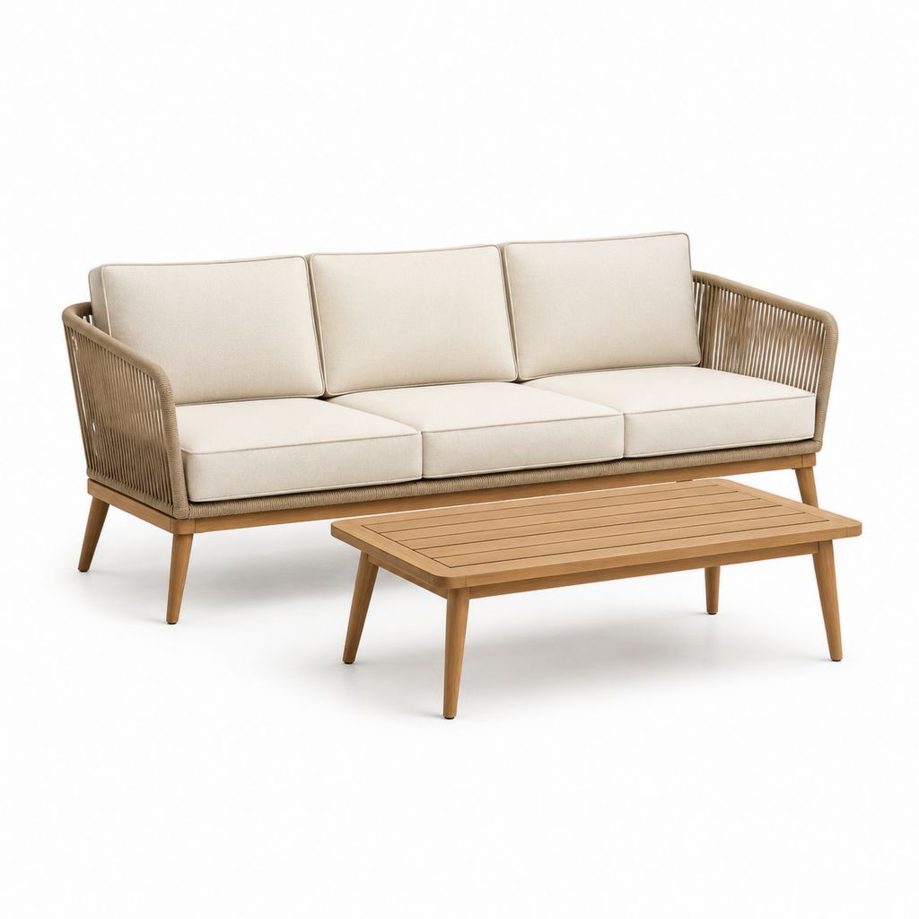 Set divano da giardino 3 posti con tavolino beige e naturale in legno massello di acacia corda in polipropilene 210 x 80 x 75 cm