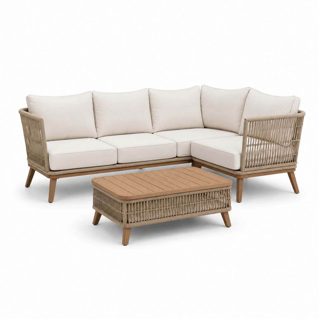 Set salotto da giardino angolare 4 posti beige in legno massello di acacia e corda PE 220 x 150 x 75 cm
