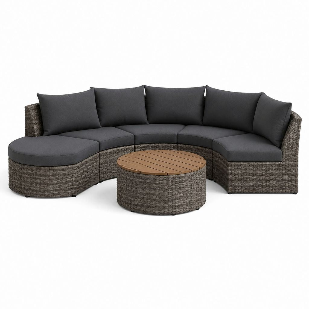 Set divano da giardino curvo 6 pezzi grigio in rattan PE con tavolino rotondo 320 x 145 x 75 cm