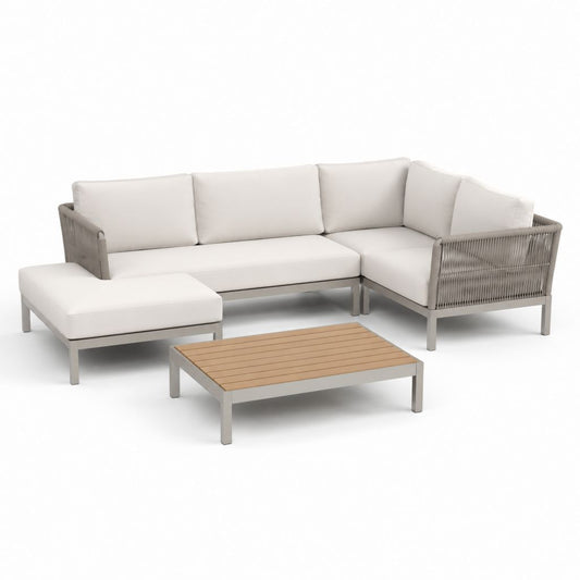 Set divano da giardino angolare con chaise longue e tavolino beige grigio in alluminio e corda sintetica 250 x 180 cm