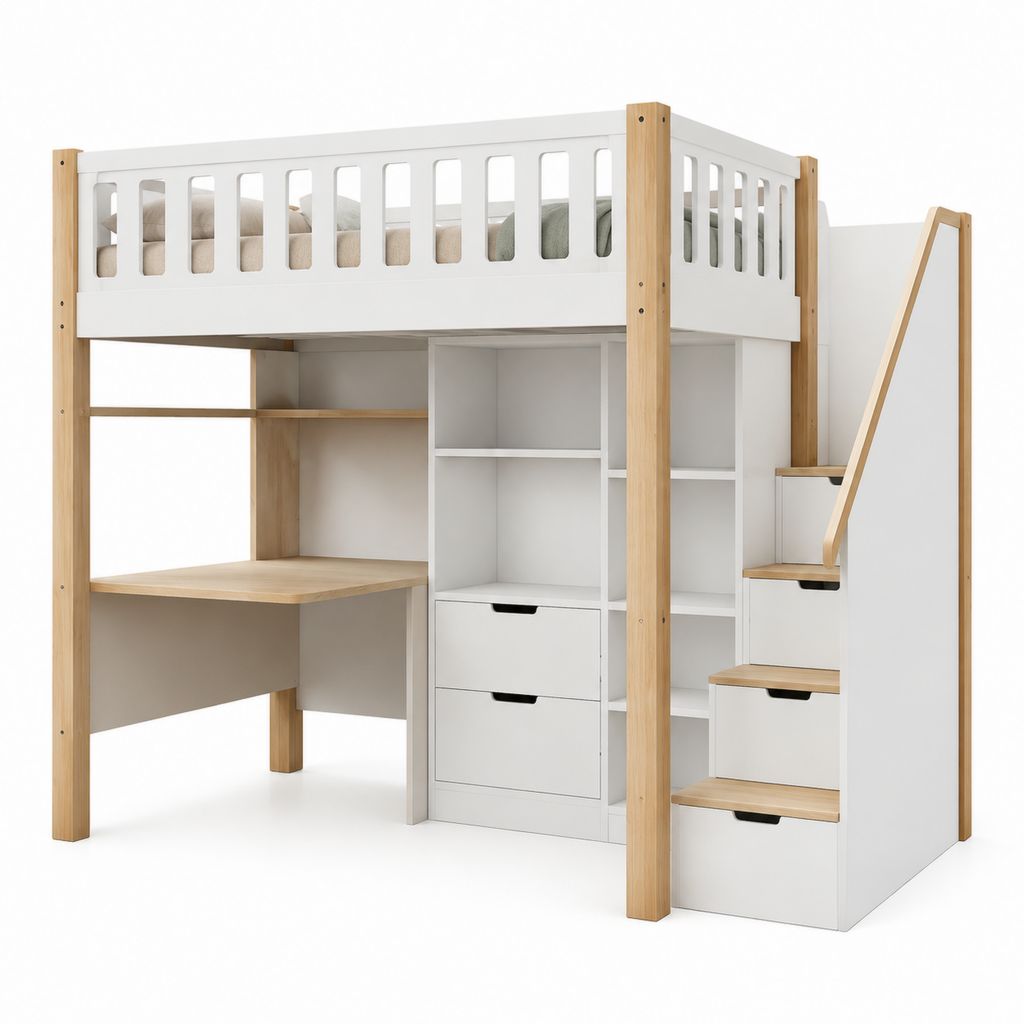 Letto a soppalco singolo bianco e naturale in pino massello e MDF rettangolare 203 x 120 x 180 cm con scrivania scale contenitore e ripiani