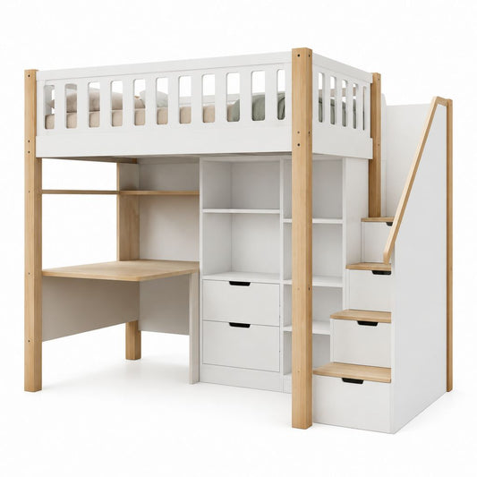 Letto a soppalco singolo bianco e naturale in pino massello e MDF rettangolare 203 x 120 x 180 cm con scrivania scale contenitore e ripiani