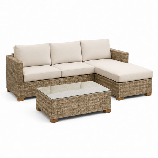 Set divano angolare da giardino con chaise longue beige in rattan PE e tavolino in vetro 220 x 145 x 83 cm