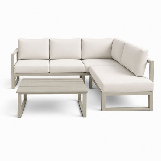 Set divano da giardino angolare 4 posti con tavolino beige in alluminio e poliestere 220 x 150 x 68 cm