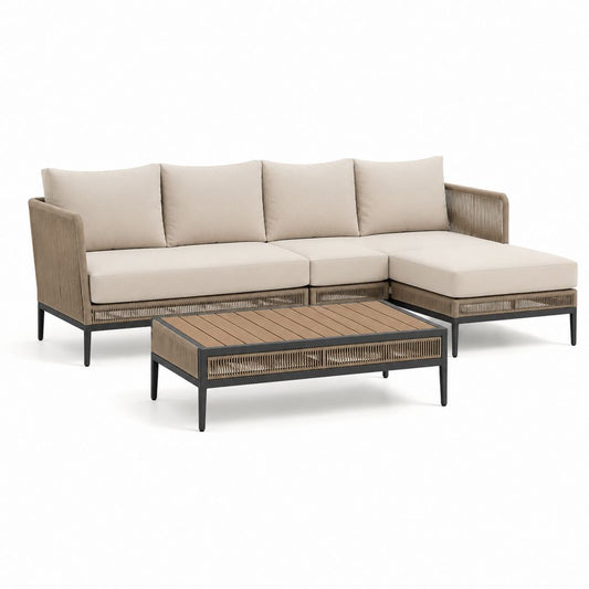 Set divano da giardino angolare beige in alluminio e corda sintetica con tavolino 240 x 160 cm