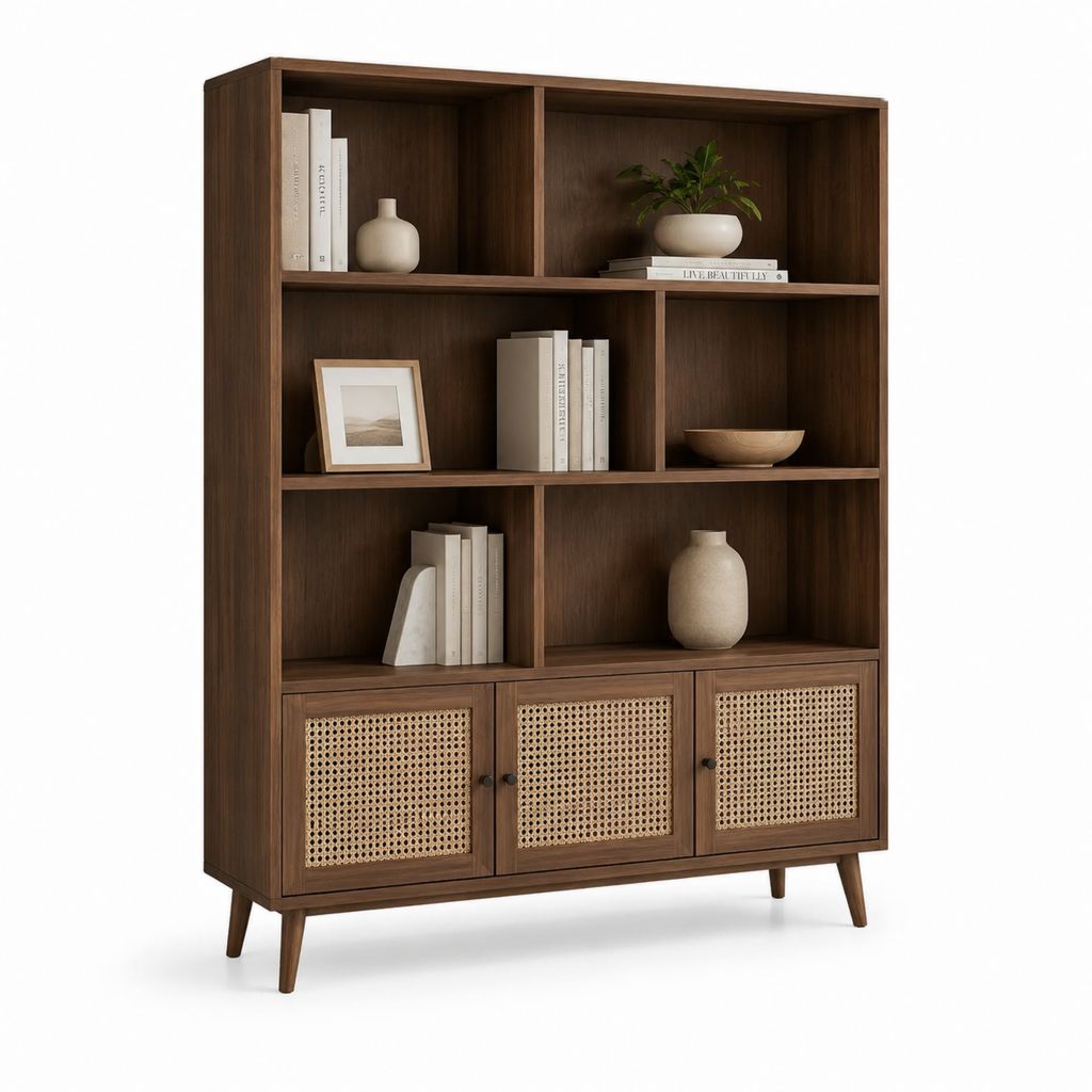 Libreria alta con ante marrone noce in MDF e rattan 120 x 40 x 180 cm