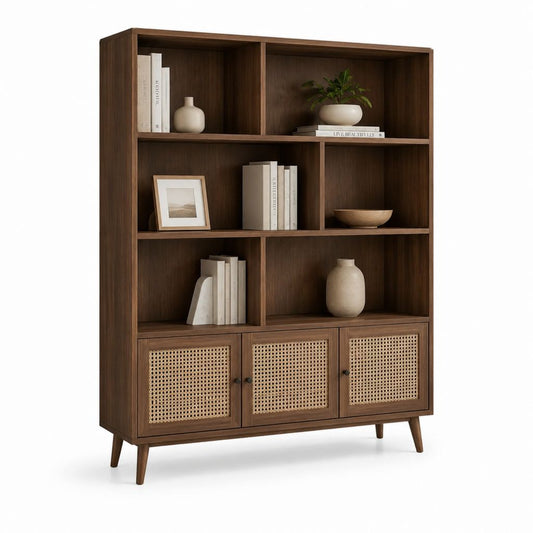Libreria alta con ante marrone noce in MDF e rattan 120 x 40 x 180 cm