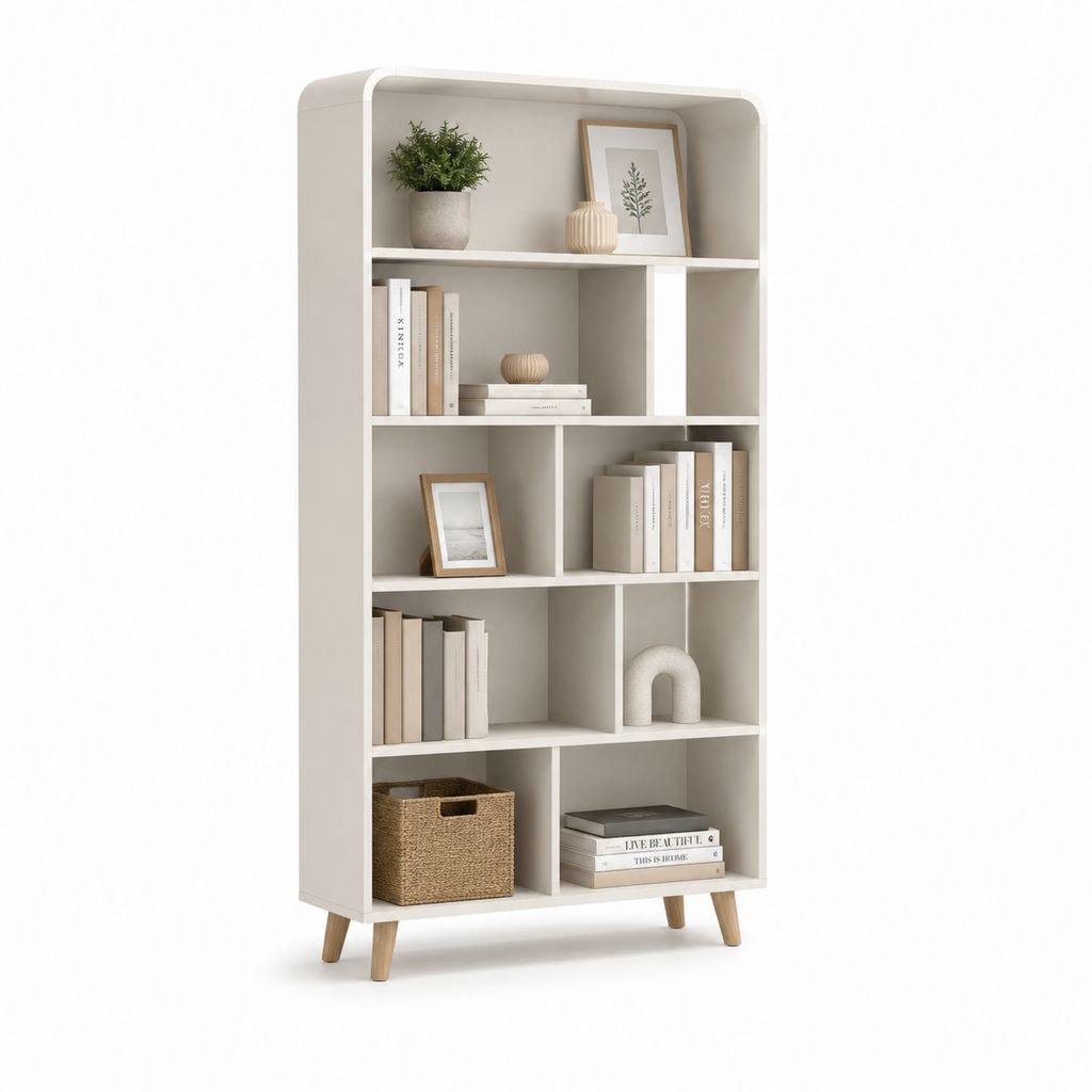 Libreria scaffale bianco in MDF con ripiani aperti e gambe in legno massello 80 x 30 x 180 cm