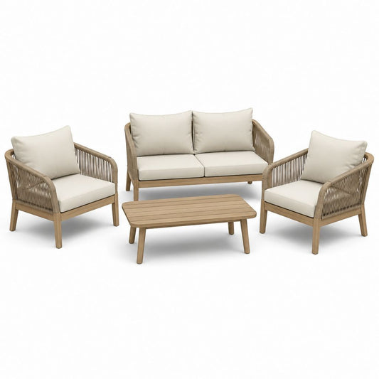 Set salotto da giardino 4 pezzi beige in legno massello di acacia e corda con divano 2 posti poltrone e tavolino