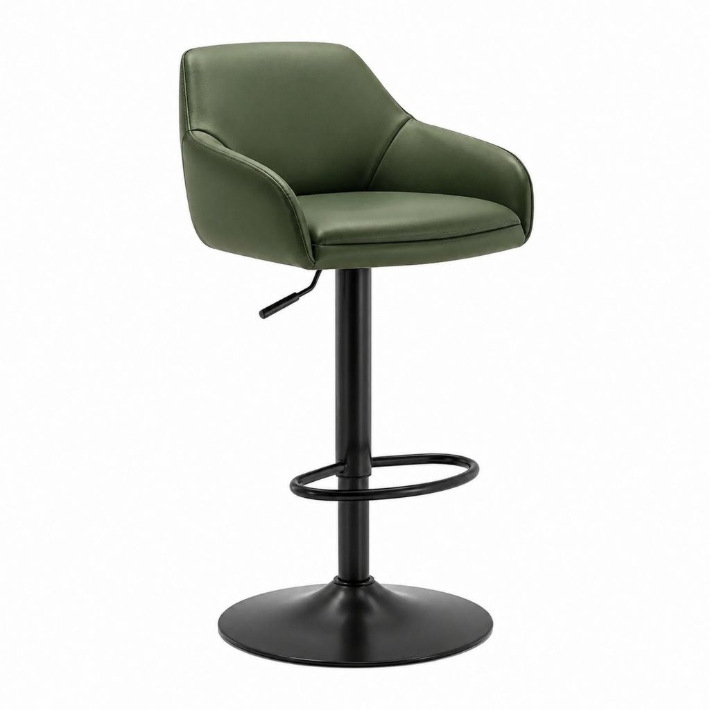 Sgabello da bar regolabile verde in pelle PU con schienale e braccioli 52 x 54 x 92-113 cm