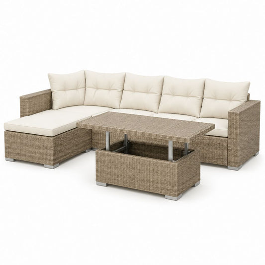 Set divano da giardino angolare con tavolo sollevabile beige in rattan PE 260 x 150 x 73 cm
