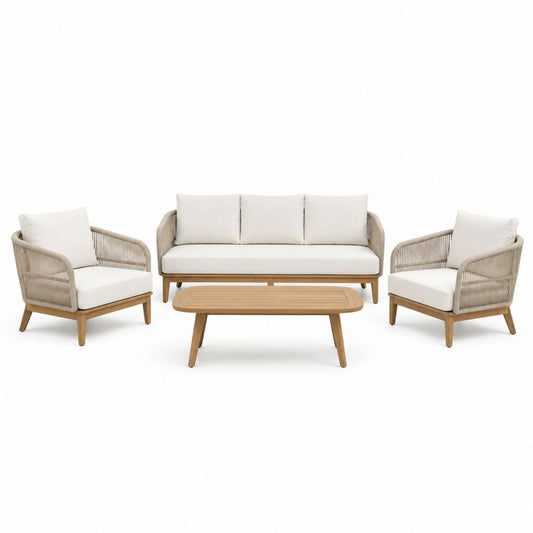 Salotto da giardino 4 pezzi beige in legno massello di acacia e corda in polipropilene con divano 3 posti 200 x 80 x 75 cm