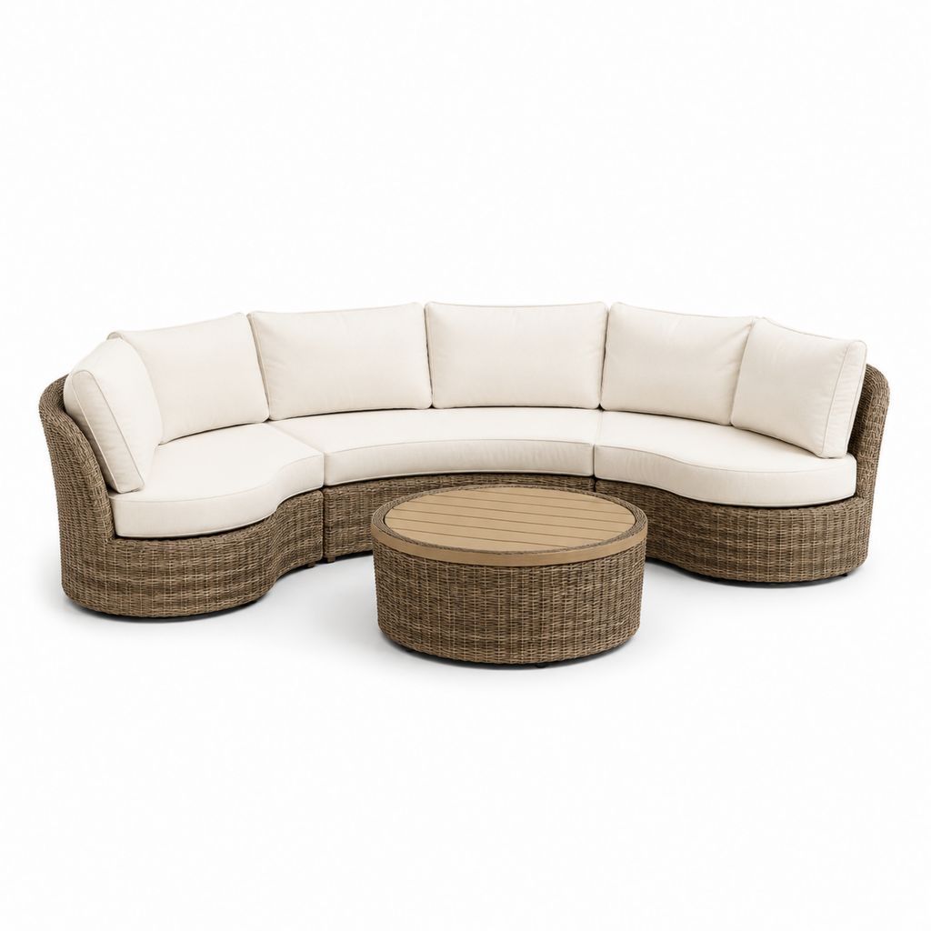 Set divano da giardino curvo con tavolino rotondo marrone ecrù in rattan PE e alluminio 280 x 150 x 85 cm