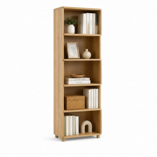 Libreria alta a 5 vani in MDF impiallacciato rovere naturale rettangolare 60 x 30 x 180 cm