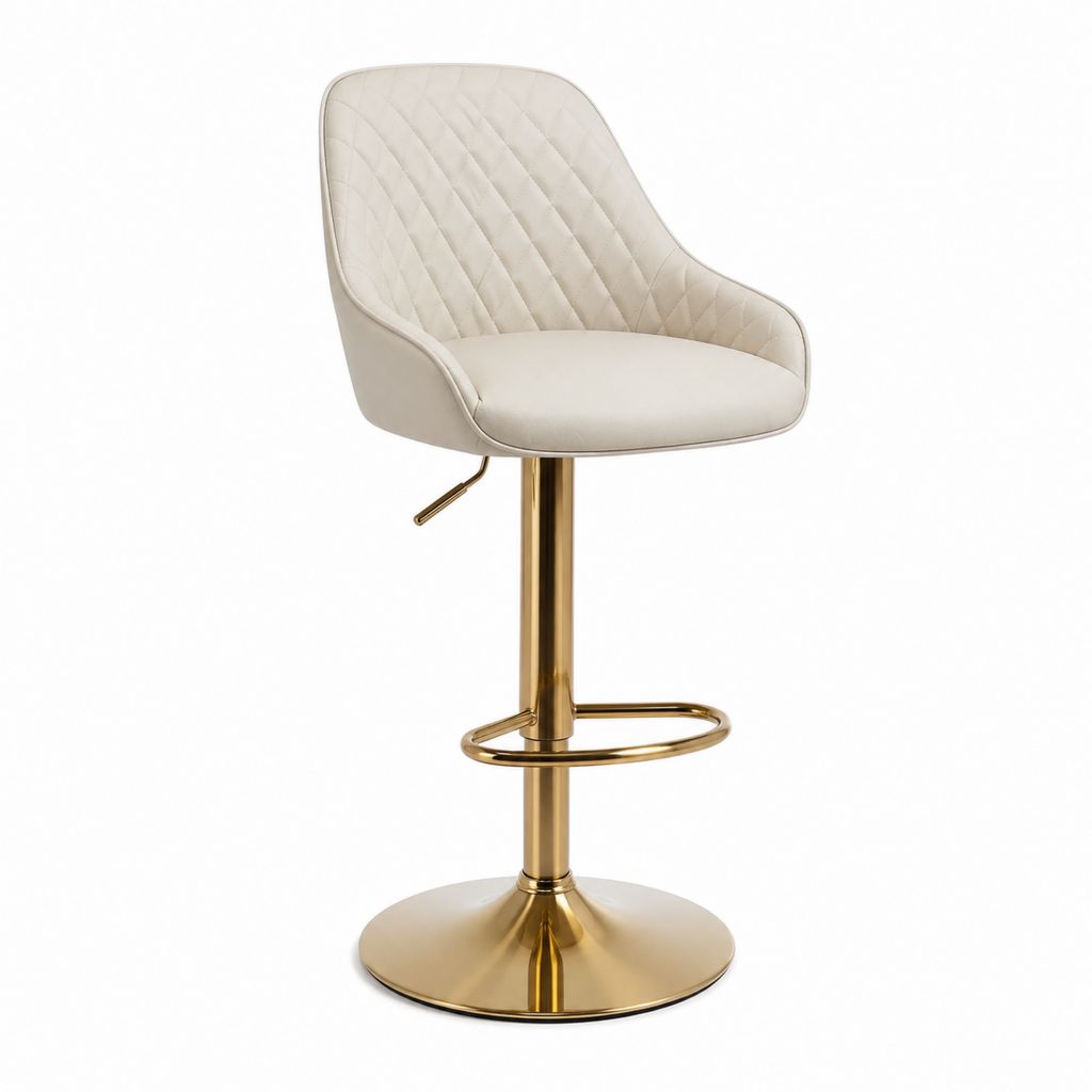 Sgabello da bar regolabile beige in velluto poliestere con base rotonda dorata 97-117 x 48 x 54 cm