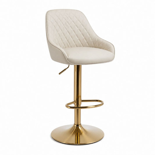Sgabello da bar regolabile beige in velluto poliestere con base rotonda dorata 97-117 x 48 x 54 cm