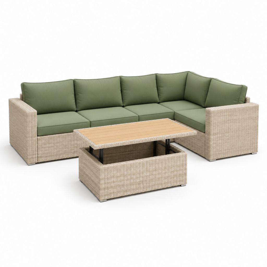 Set divano da giardino angolare 5 posti beige e verde in rattan PE con tavolino contenitore 260 x 200 cm