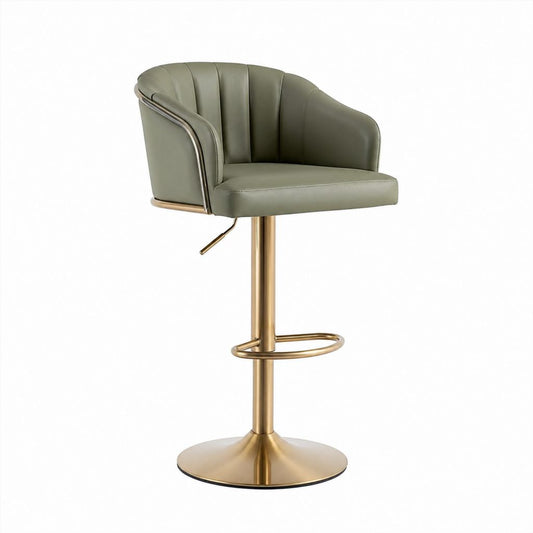 Sgabello da bar regolabile girevole verde oliva in pelle sintetica PU con base rotonda in acciaio 55 x 63 x 92-113 cm